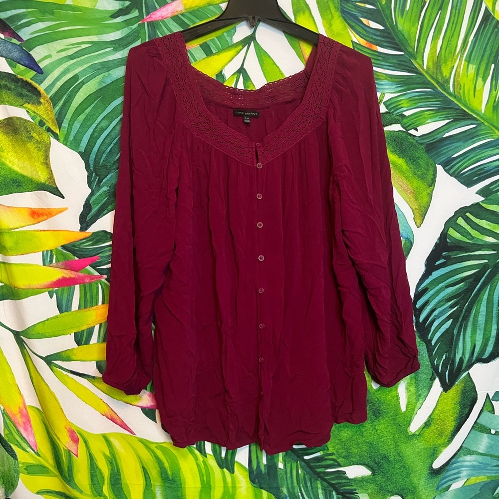 Lane Bryant 18/20 Dark Red Peasant Square Neck Fall Teacher Office Preppy Top